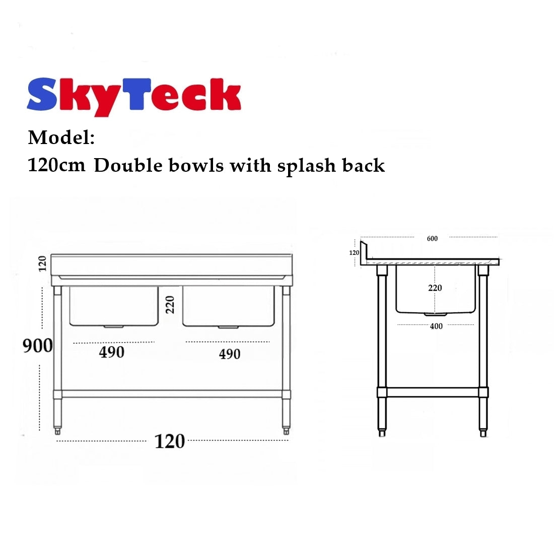 1200W X 600 D X 900 H Double Centre Stainless Sink With 120mm Splashback