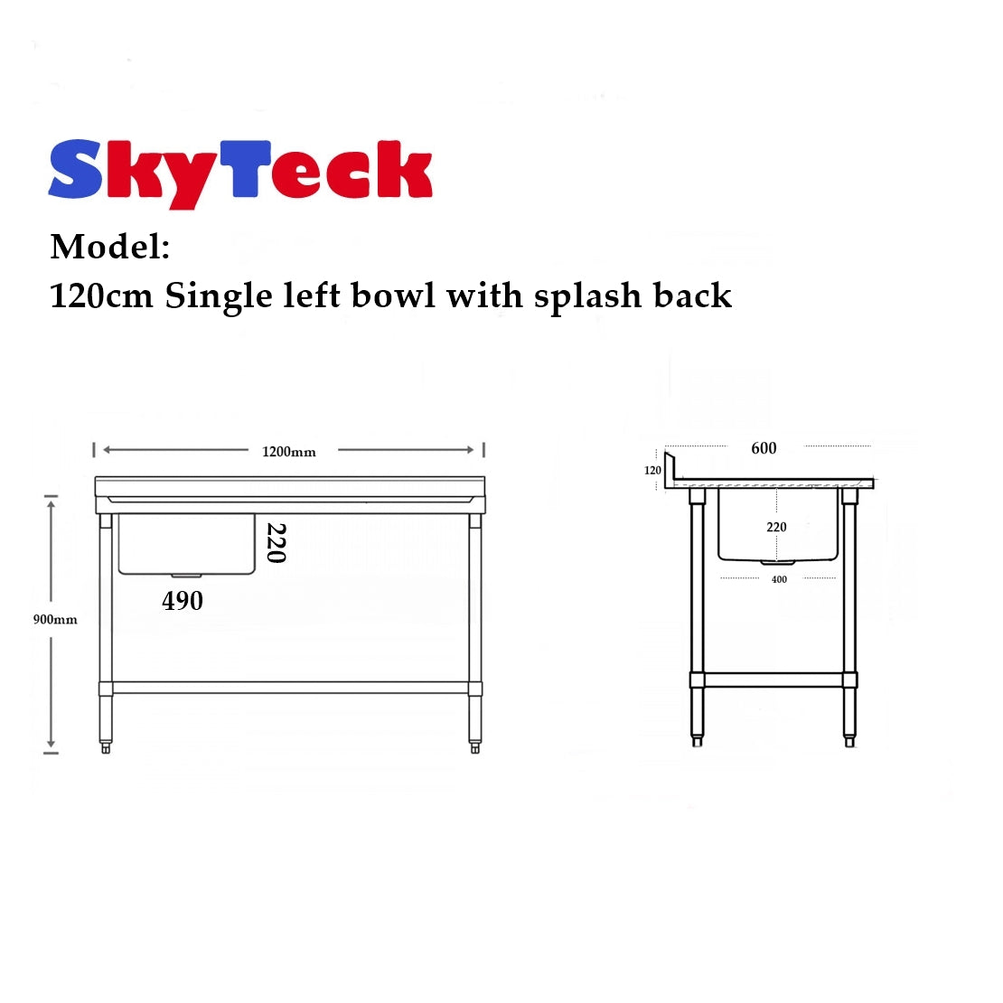 (Back In stock around 1.1) 1200W X 600 D X 900 H Single Left Stainless Sink With 120mm Splashback