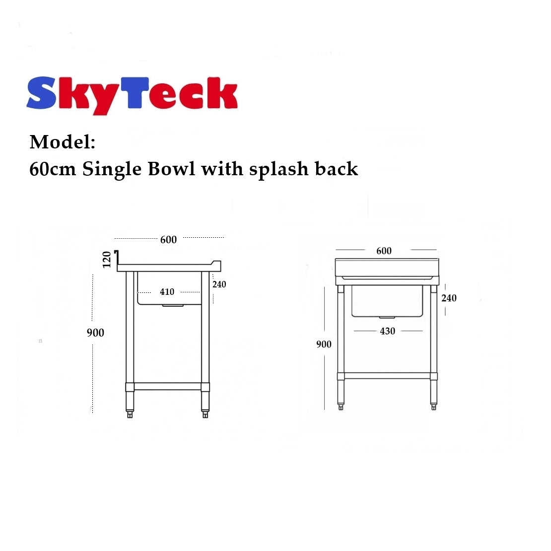 600W X 600 D X 900 H Single Center Stainless Sink With 120mm Splashback