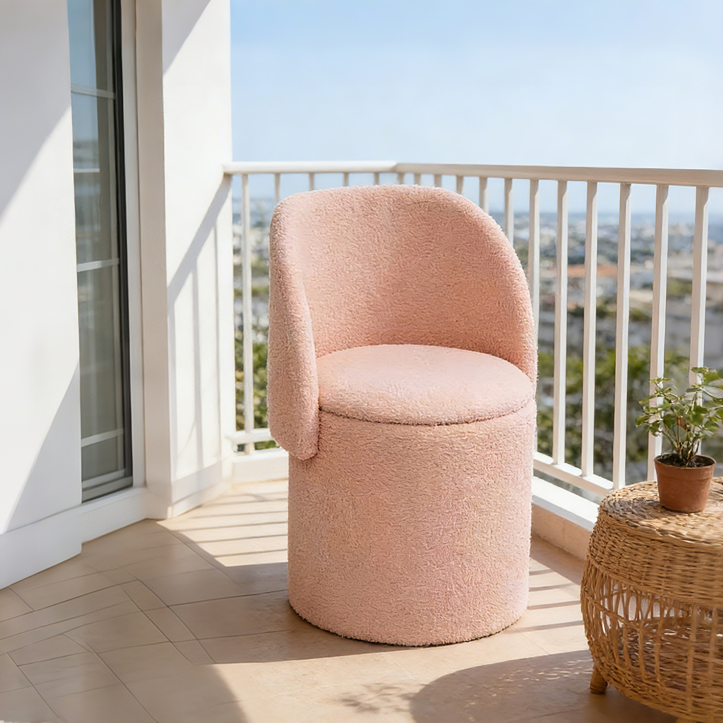 Vanity Stool with Storage and Foldable Backrest, Pink, 51×46.5×71cm