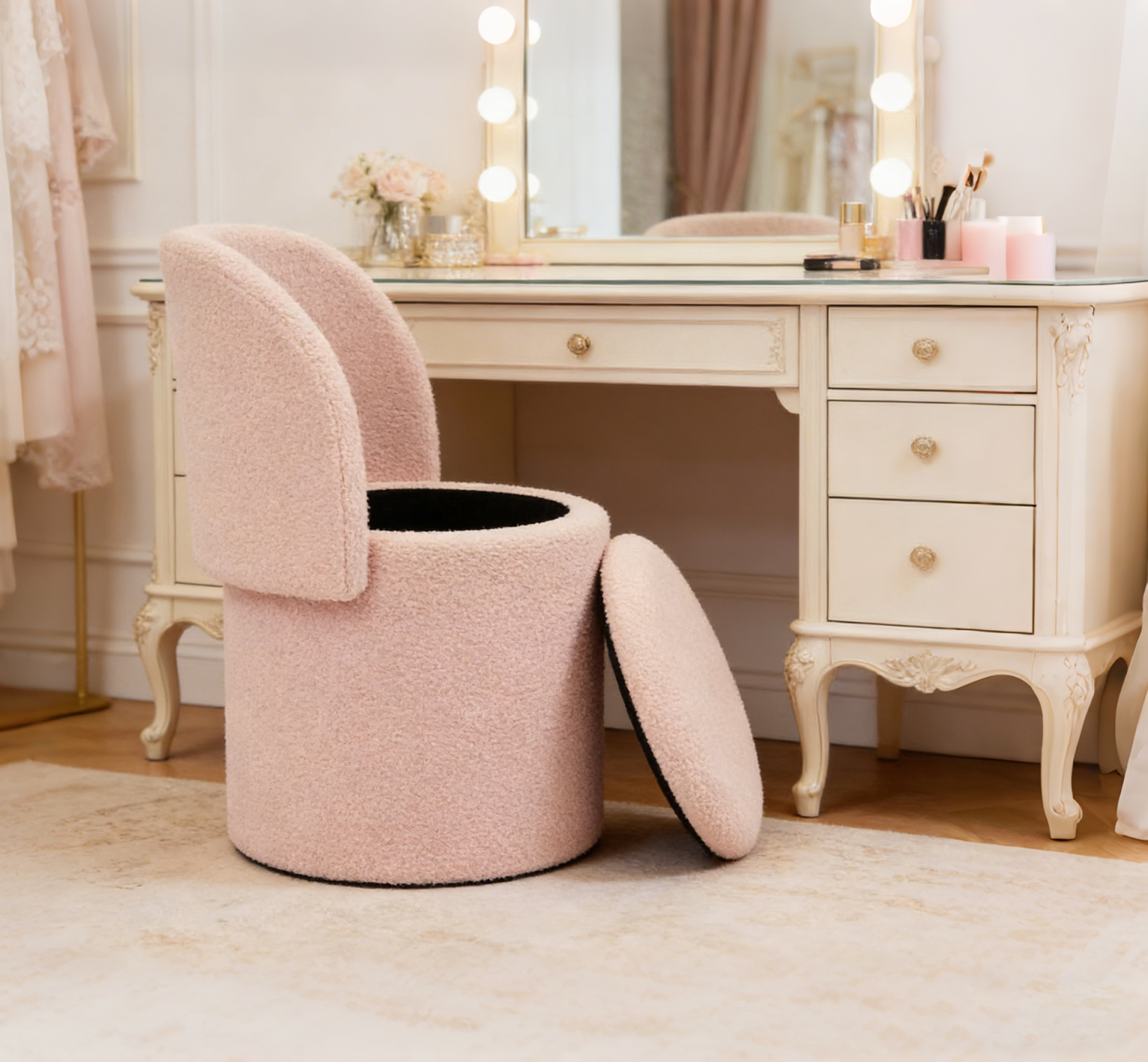 Vanity Stool with Storage and Foldable Backrest, Pink, 51×46.5×71cm