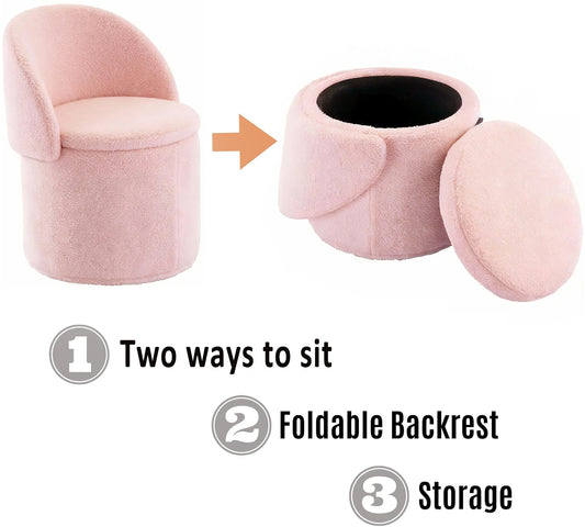 Vanity Stool with Storage and Foldable Backrest, Pink, 51×46.5×71cm
