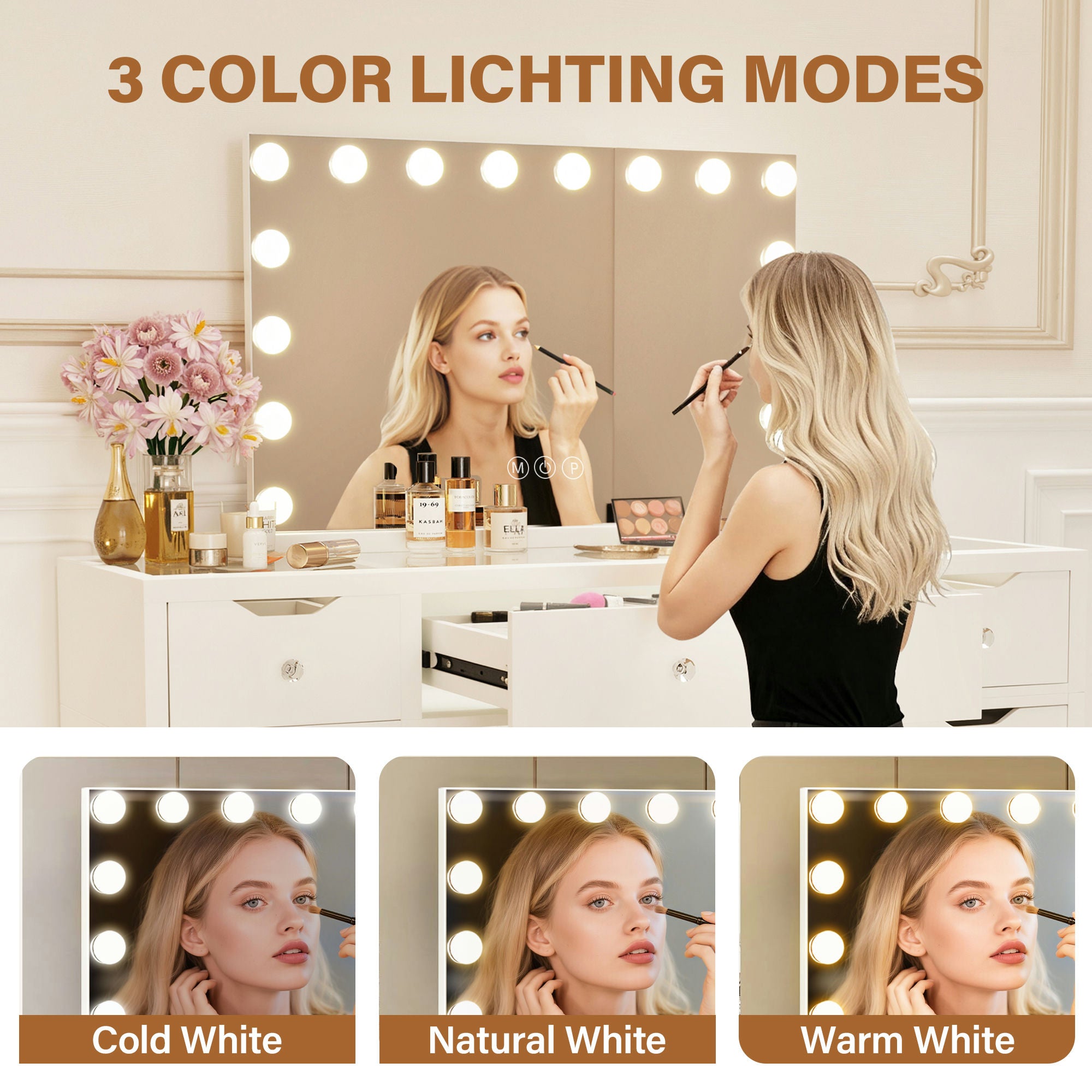 1220mm(L) Melbourne & Sydney Only KL-DS12N WHITE GLASS TOP MAKE-UP DRESSER TABLE WITH LED MIRROR WITH 9 DRAWERS KL-DS11N (Flat Packed) (NO STOOL)