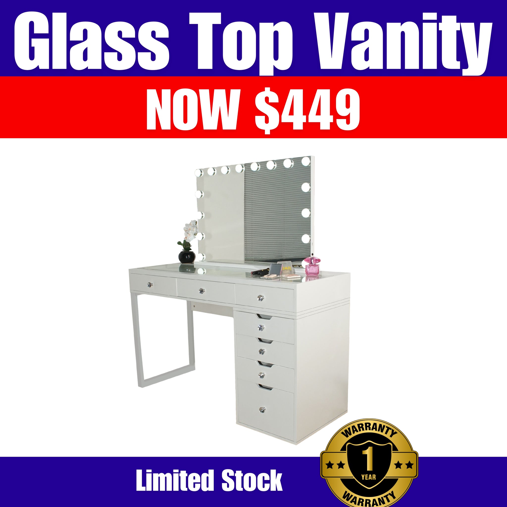 SALE (Brisbane Pick Up Only) WHITE MAKE-UP DRESSER TABLE WITH LED MIRROR WITH 7 DRAWERS WITH LED MIRROR KL-DS10N (NO STOOL) (Copy)