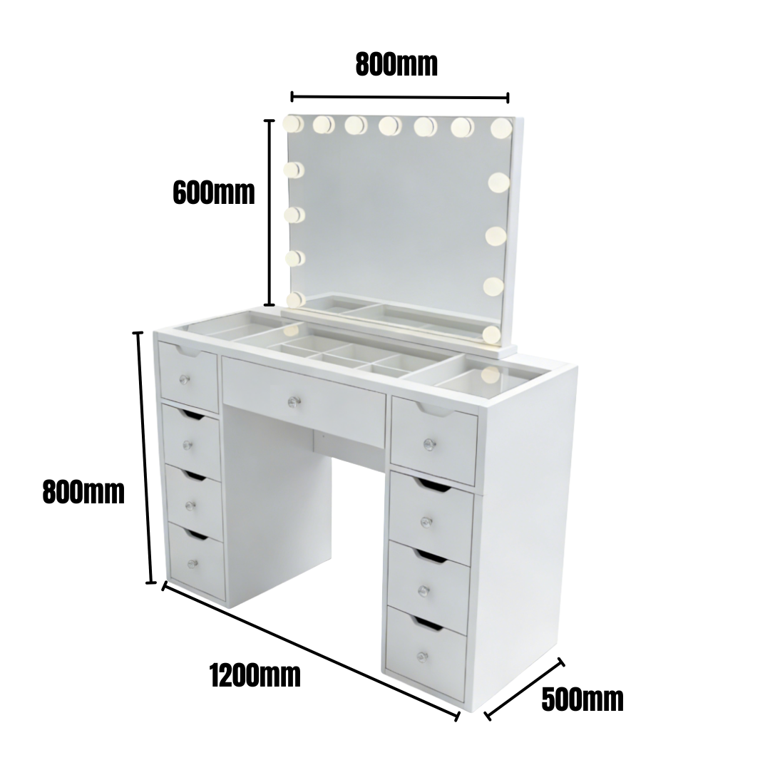 1200mm (with stool) White Glass Top Vanity Dressing Table with LED Mirror and 9 Drawers