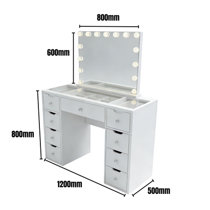 1200mm (with stool) White Glass Top Vanity Dressing Table with LED Mirror and 9 Drawers