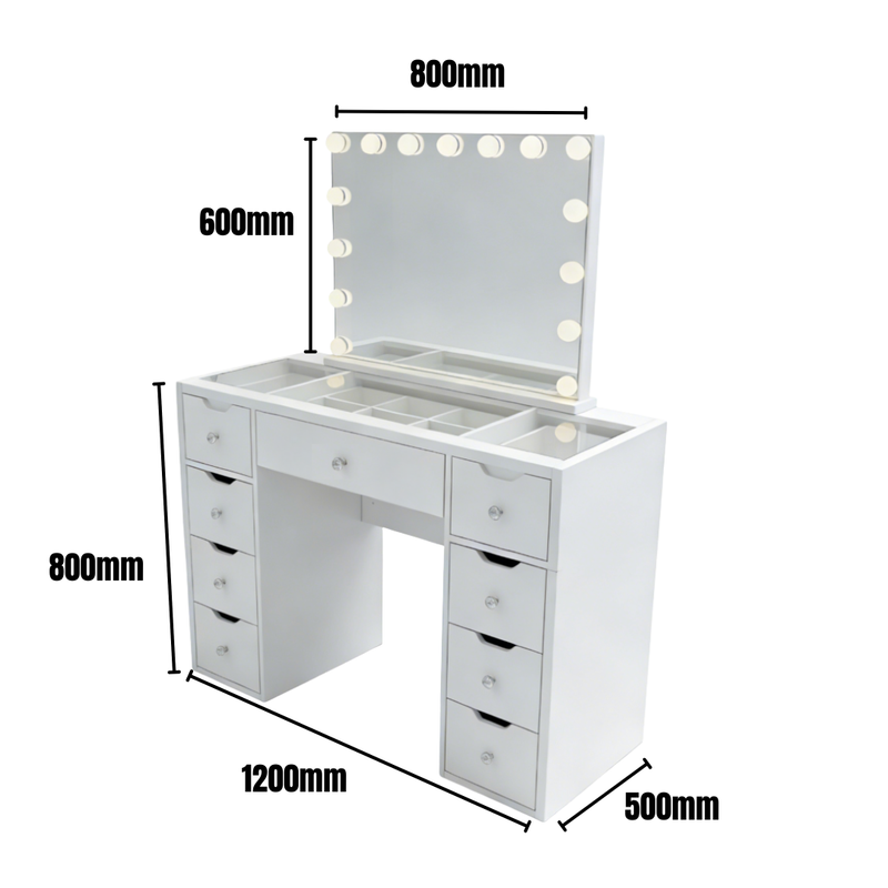 1200mm White Glass Top Vanity Dresser with LED Mirror and 9 Drawers