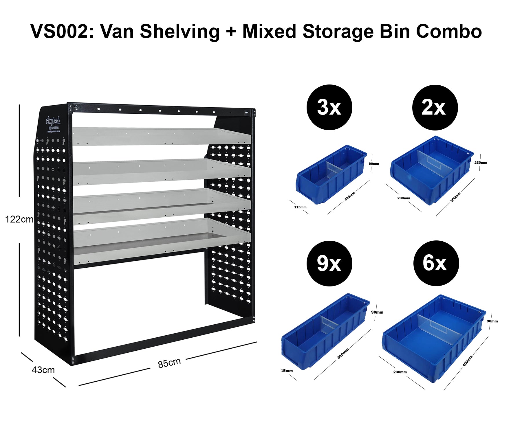 Van Shelving Mixed Storage Bin Combo 85CM(L) X 43CM(D) X 122CM(H) VS002