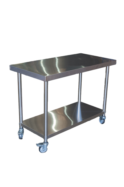 (Brisbane Only) 1000x600x900mm  304 Stainless Steel Workbench with Wheels – 2-Tier Commercial Kitchen Prep Table, Outdoor BBQ Table, Food Prep & Garage Work Table