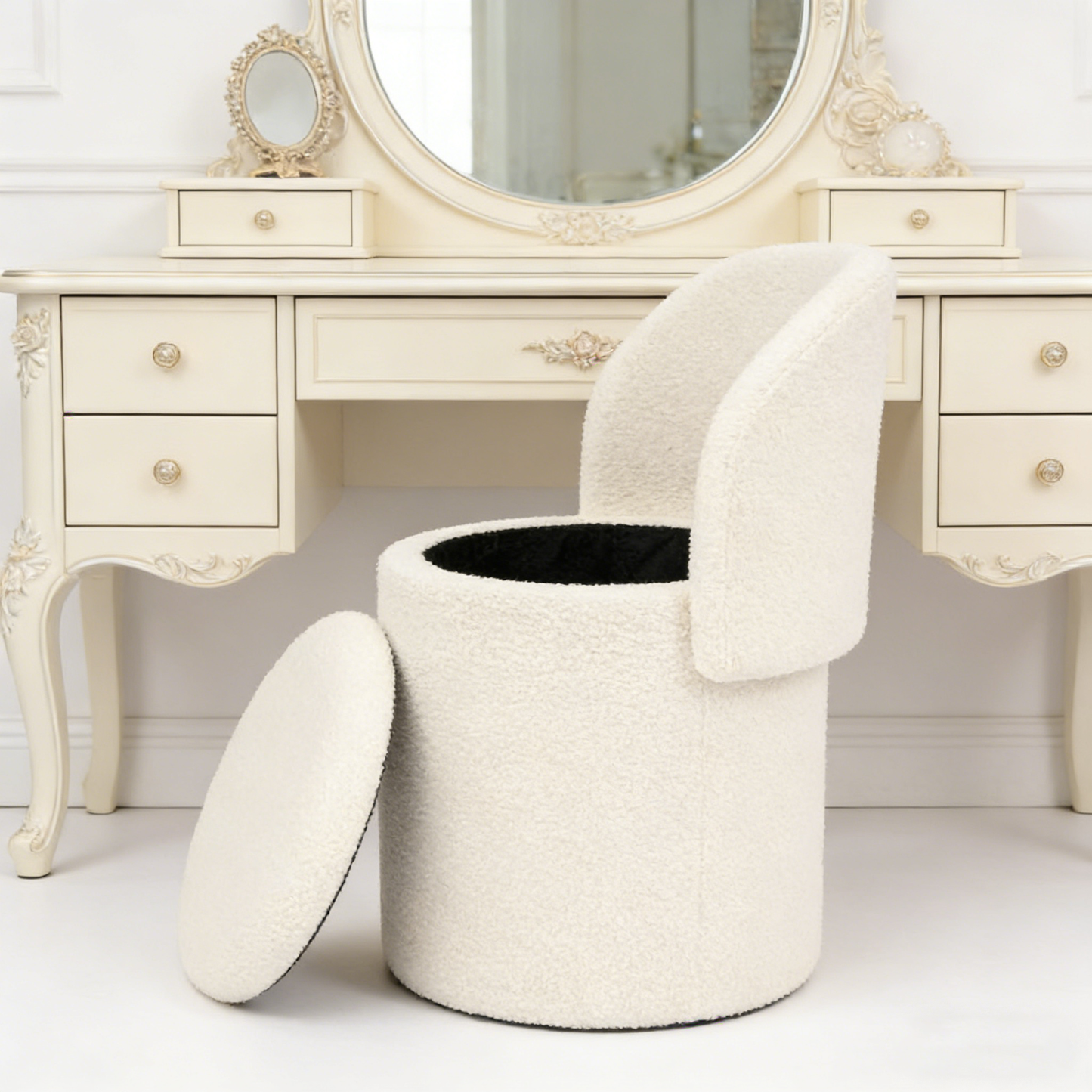 1200mm (with stool) White Glass Top Vanity Dressing Table with LED Mirror and 9 Drawers