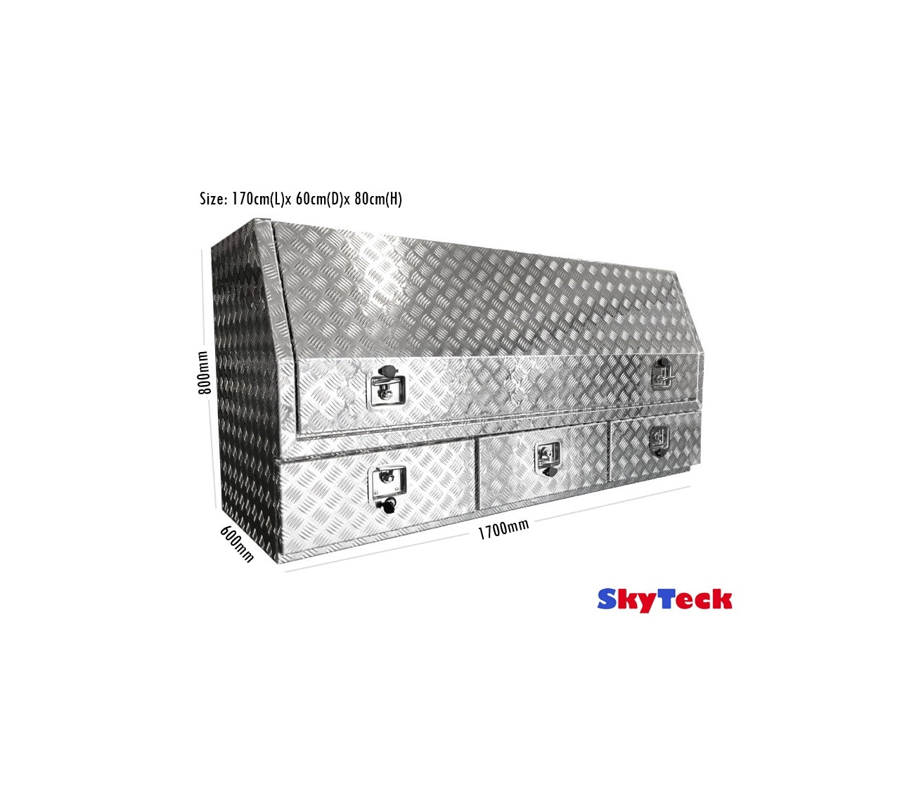 (Half Open) 170cm(L) x 60cm(D) x 80cm(H) Aluminum Checkerplate Tool Box for UTE & Trailer Storage (3 Drawers + Adjustable Shelf) (Sliver)