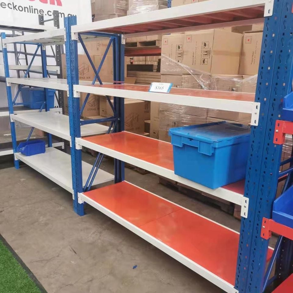 4.5M(L) X 2.4M(H) X 0.6M(D) SHELVES RACKING METAL STEEL BLUE AND ORANGE 4524