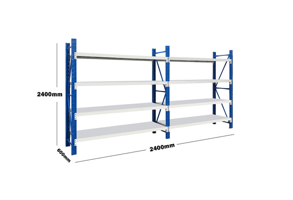 2.4M(L) X 2.4M(H) X 0.6M(D) HEAVY DUTY DOUBLE BAY SHELVES RACKING METAL STEEL BLUE AND WHITE 2424