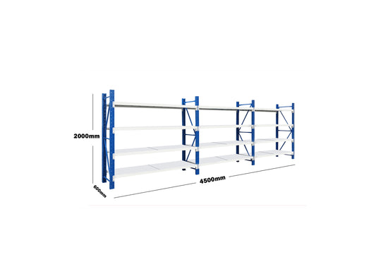 Heavy Duty Steel Long Bay Shelving 4.5M x 2M x 0.6M Blue and White