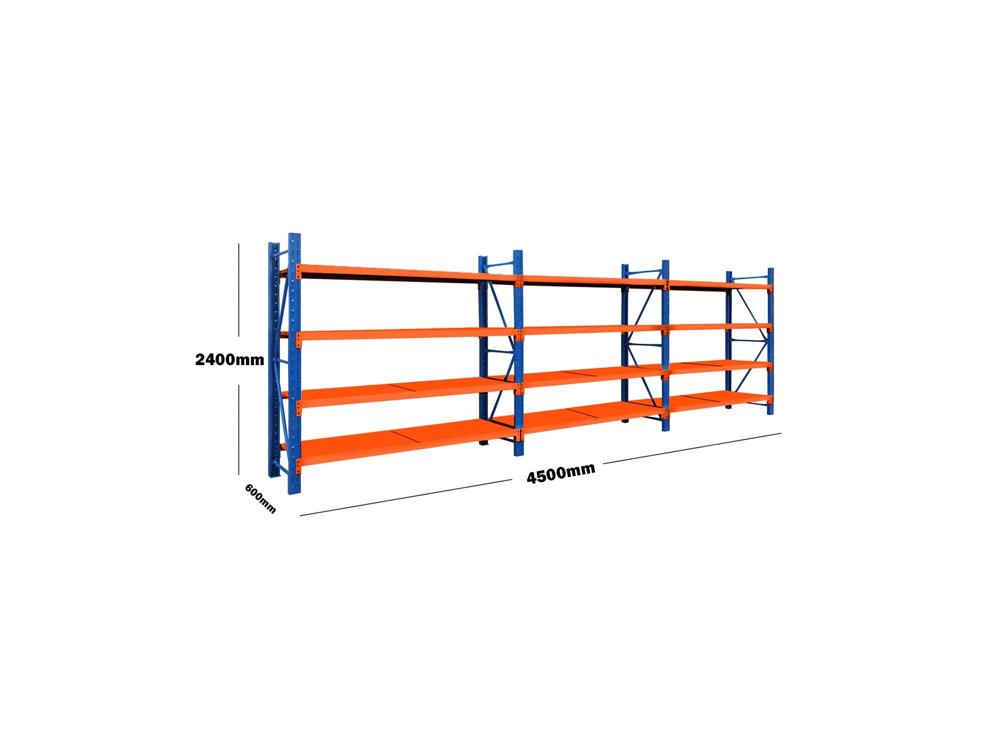 4.5M(L) X 2.4M(H) X 0.6M(D) SHELVES RACKING METAL STEEL BLUE AND ORANGE 4524