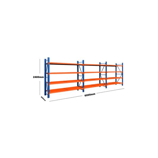 Steel Long Bay Shelving Unit 6M x 2.4M x 0.6M, 2400kg Capacity