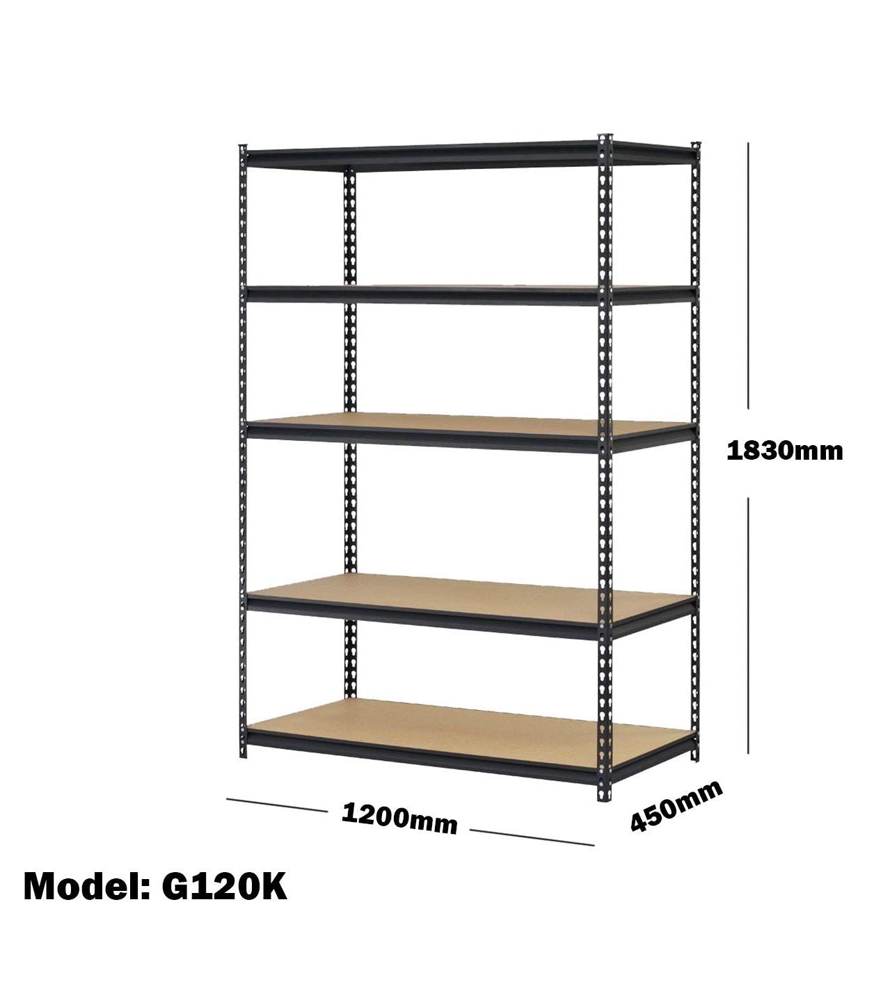 120CM HEAVY DUTY MDF GARAGE SHELVING BLACK 5 TIER STORAGE COMPLETE UNIT G120K