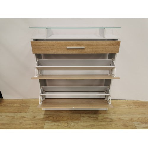 MULTI-COMPARTMENT DRAWER SHOE CABINET STORAGE RACK WITH GLASS TOP KL009