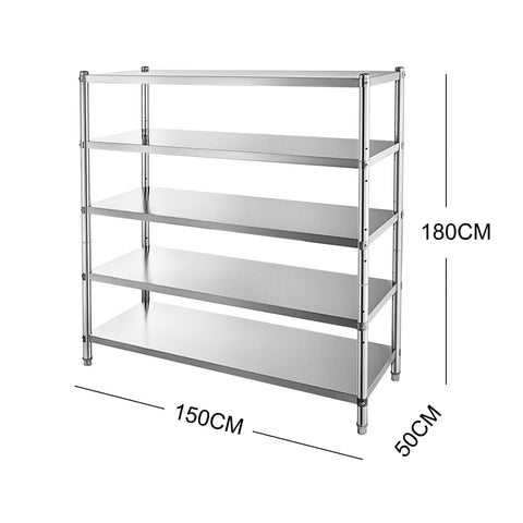 150CM STAINLESS STEEL METAL 5 TIER SHELF KITCHEN BAR FREEZER STORAGE