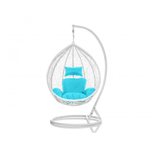 BRAND NEW OUTDOOR DECOR HANGING SWINGING EGG/POD CHAIR FOR GARDEN HOME SW86W WHITE CHAIR WITH BLUE CUSHION