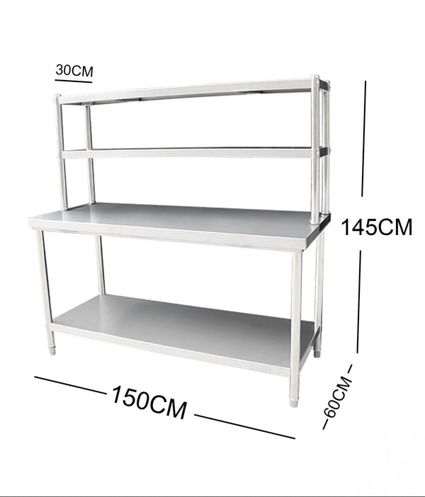 150CM STAINLESS STEEL METAL WORKBENCH SHELF COMBO KITCHEN BENCH FREEZER STORAGE 304 Stainless Steel Workbench  – 4-Tier Commercial Kitchen Prep Table, Outdoor BBQ Table, Food Prep & Garage Work Table
